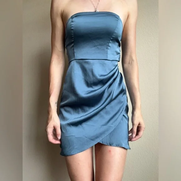 NWT Cider Dark Teal Blue Satin Mini Dress Strapless Tie XS - Picture 1 of 10